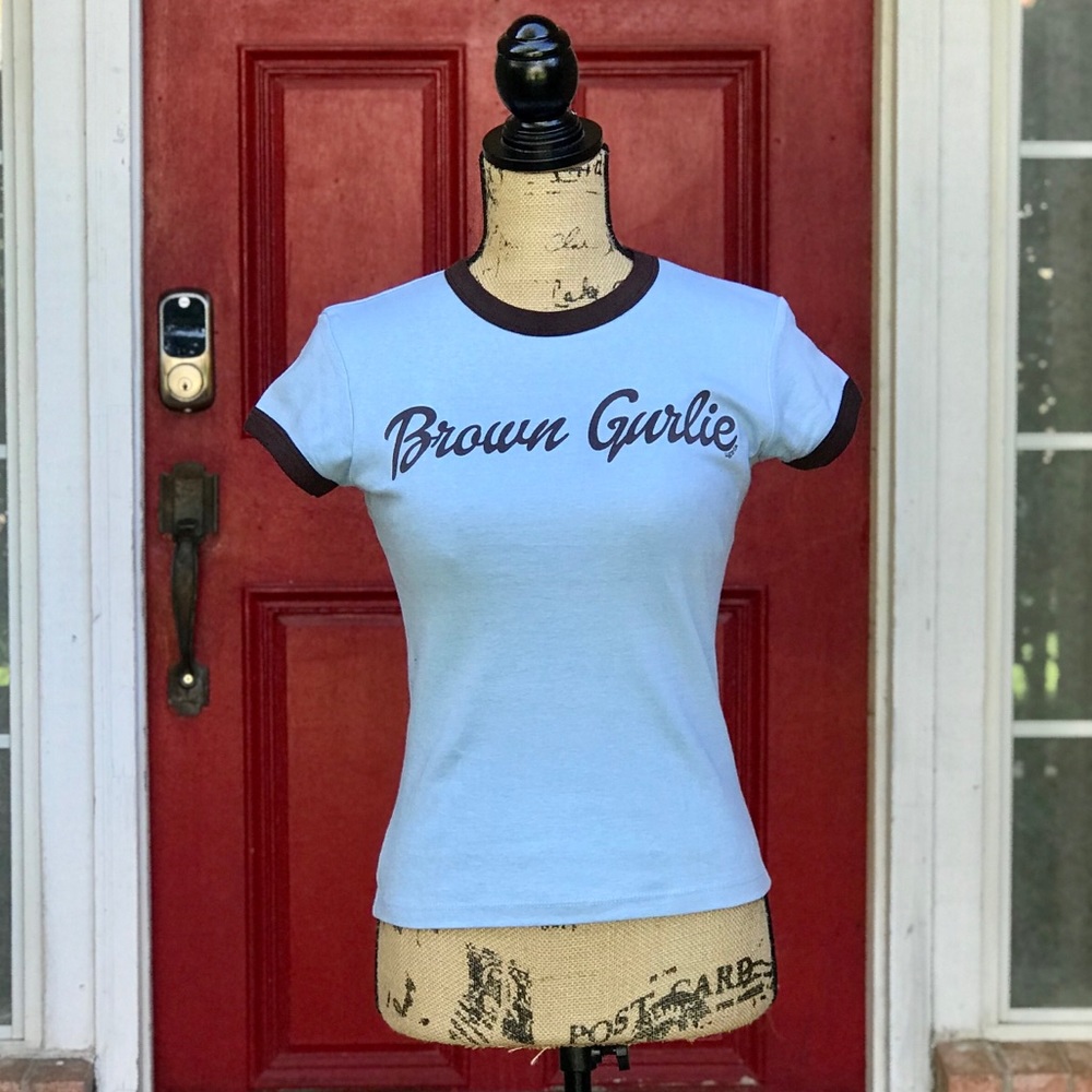 New ladies baby blue and chocolate trimmed shirt.